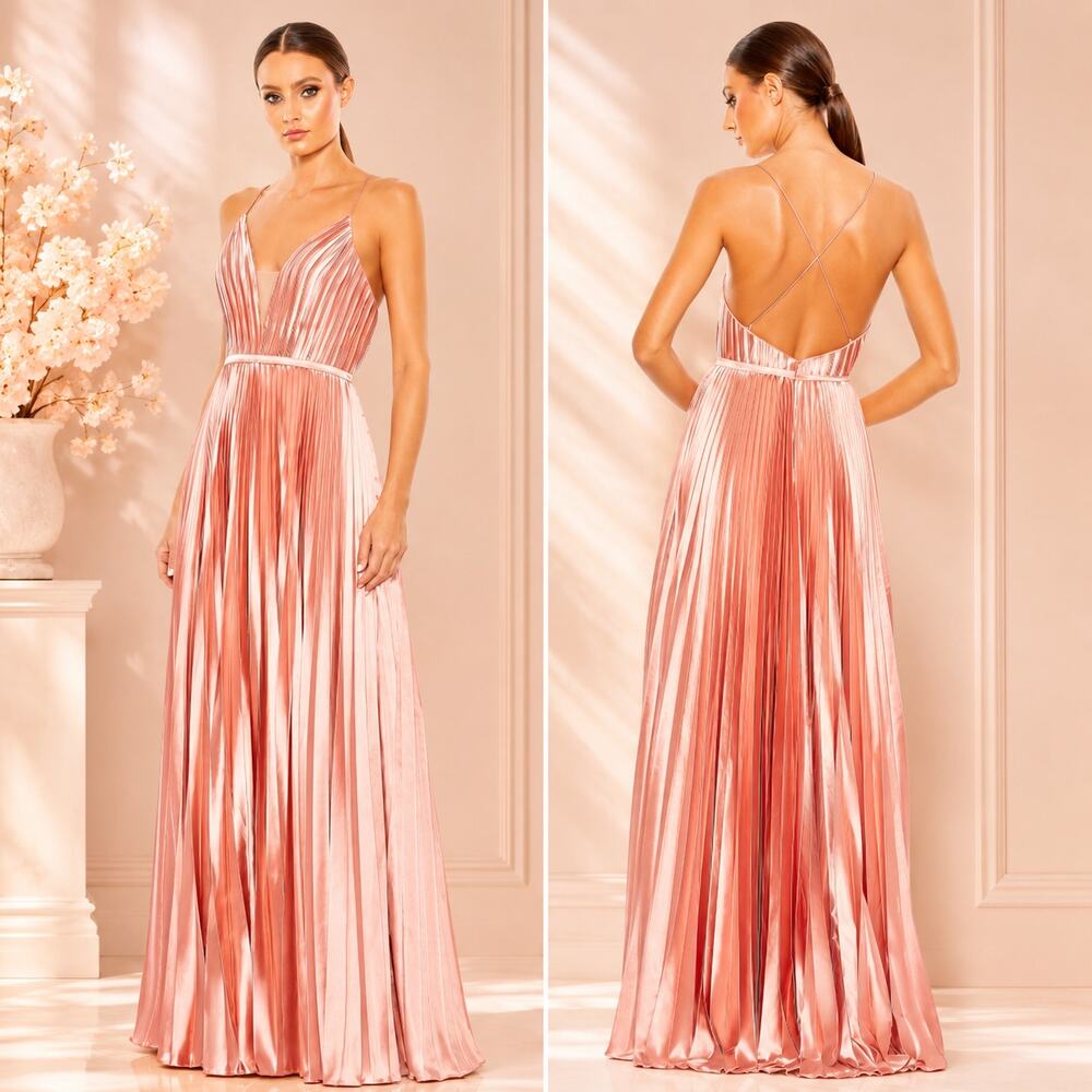 Mac Duggal Plunge Neck Pleated Evening Gown Maxi Dress Size 16 Rose Pink New